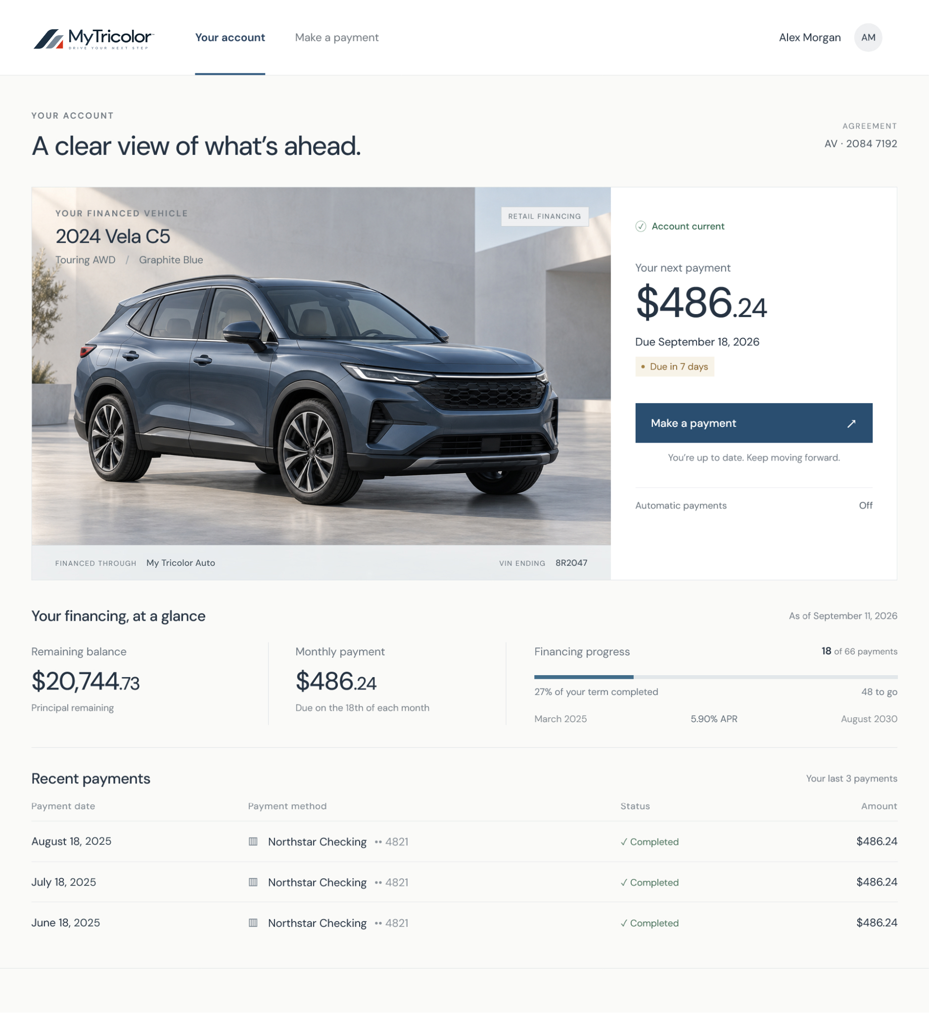 MyTricolor account overview with a financed vehicle, account status and next payment.