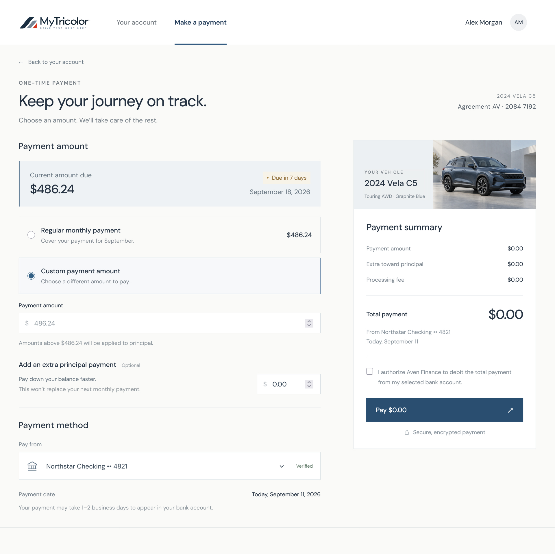 MyTricolor payment experience with amount selection and payment summary.