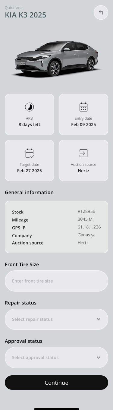 KIA K3 2025 vehicle detail with timing, general information and operational status fields.
