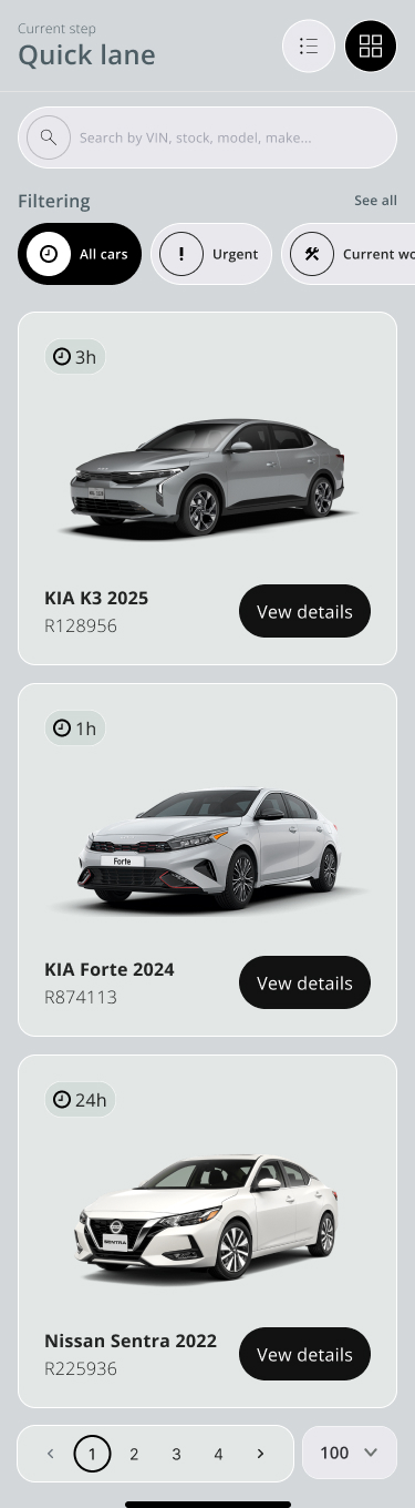 Vehicle QA Quick lane vehicle list with search, filters and time in stage.