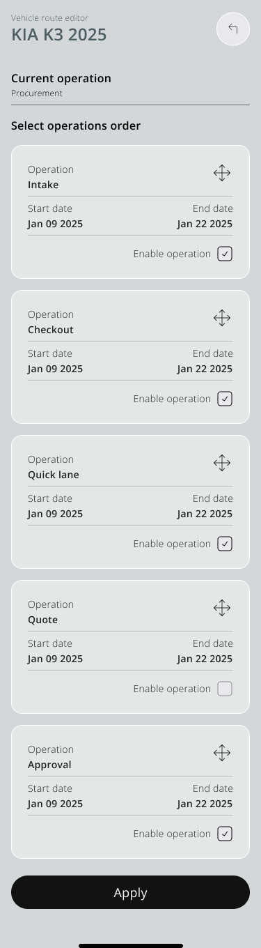 Vehicle route editor with ordered operations and enable states.